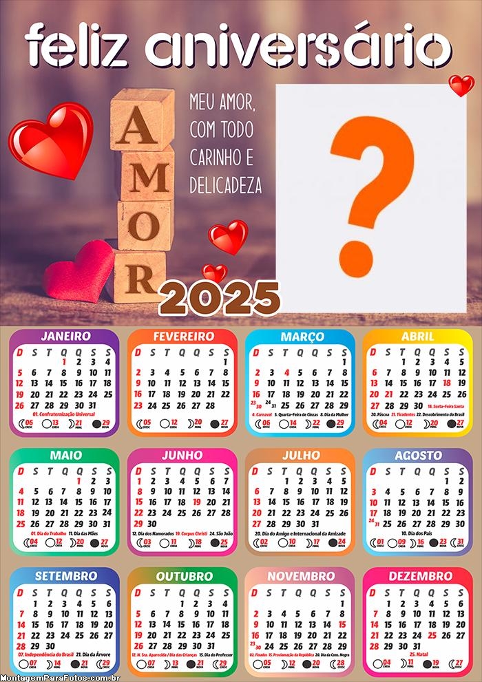 Calendário 2025 Feliz Aniversário Amor Montagem Online