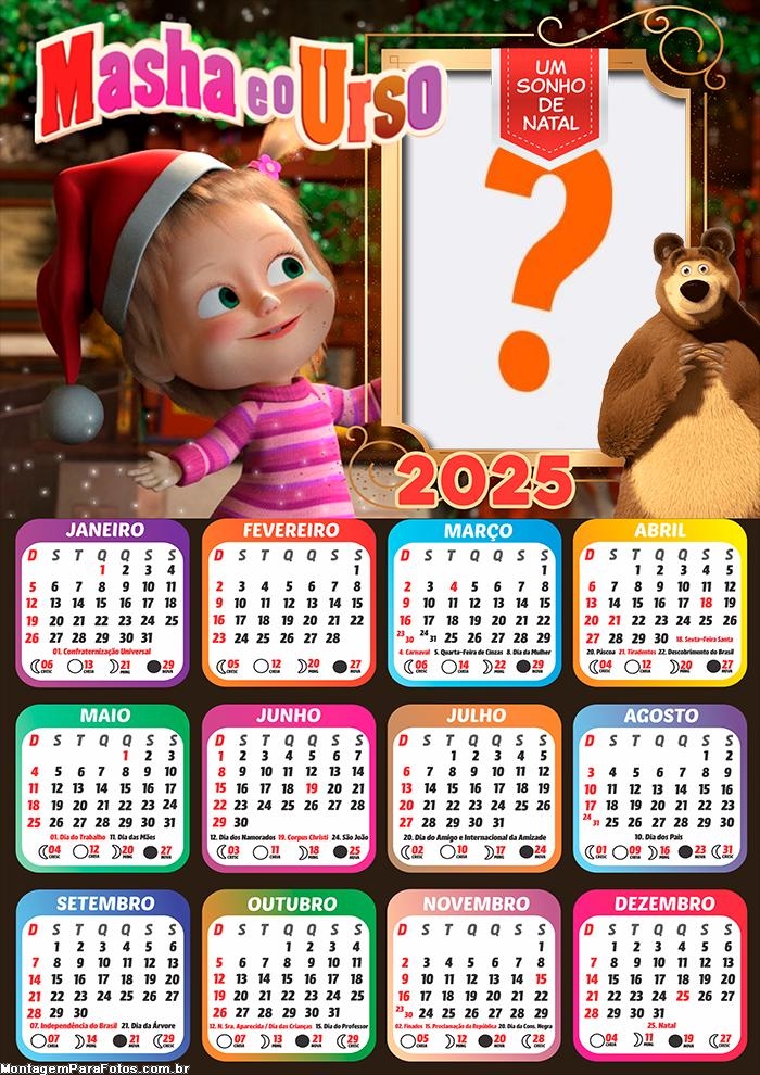 Moldura Calendário 2025 Masha e o Urso Um Sonho de Natal