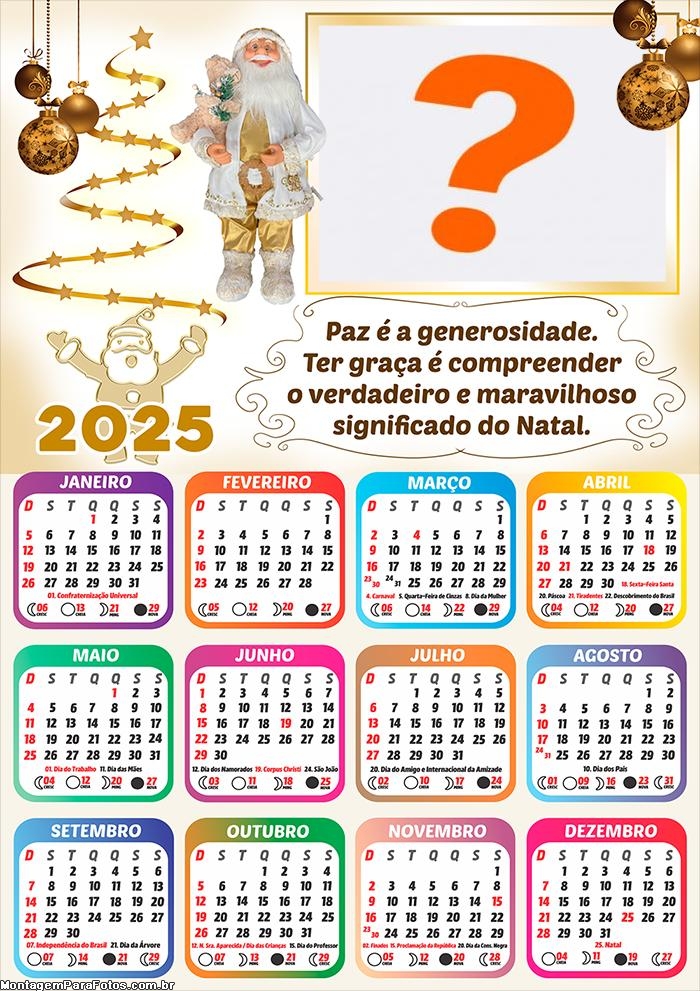 Calendário 2025 Papai Noel Dourado Montagem Online