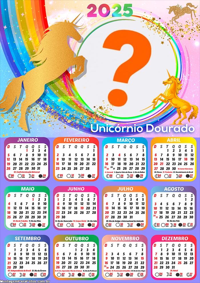 Calendário 2025 Unicórnio Dourado Foto Montagem Grátis