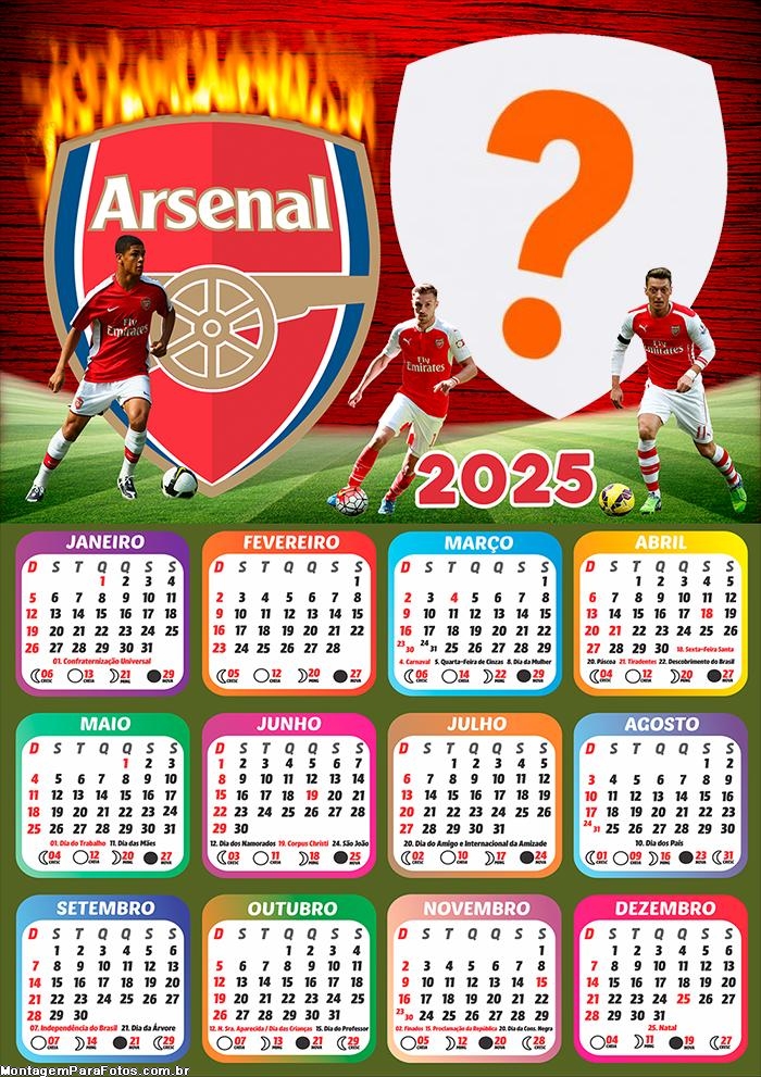 Calendário 2025 Time de Futebol Arsenal Moldura Online