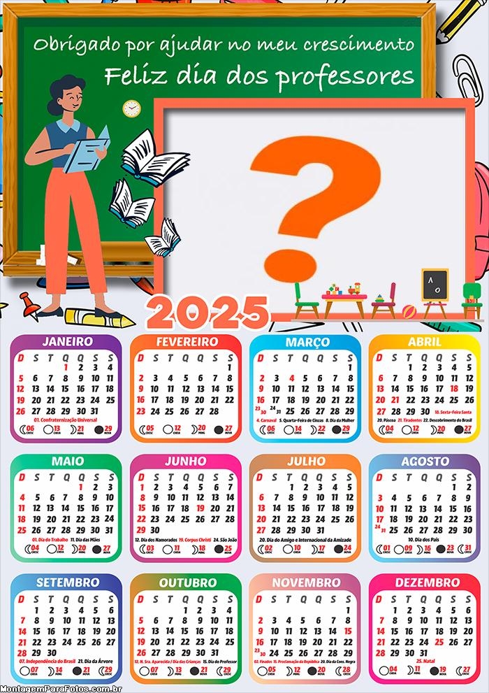 Calendário 2025 Dia dos Professores Obrigado por Ajudar Online