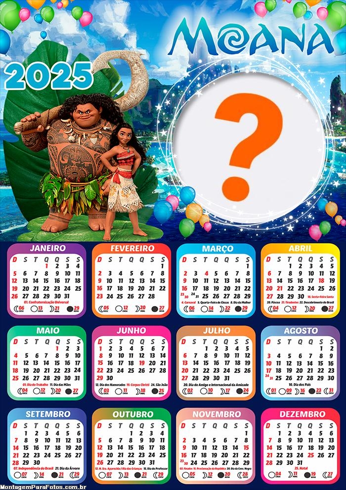 Calendário 2025 Aniversário Moana Colagem Online Grátis