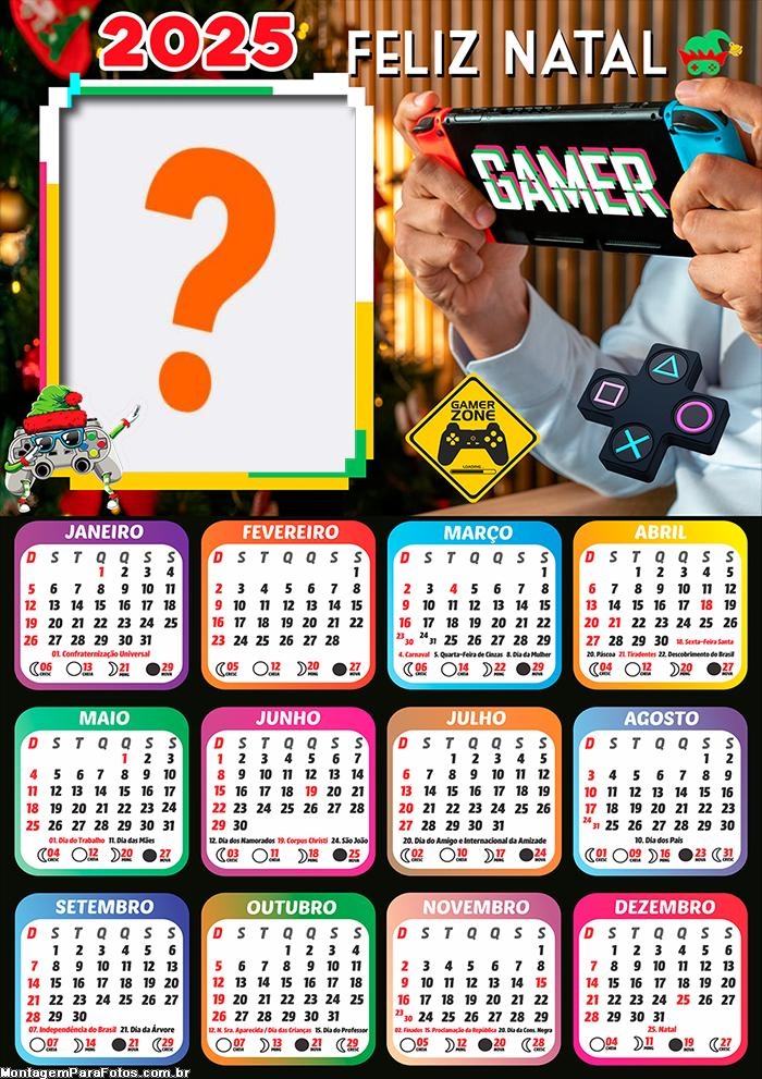 Calendário 2025 Feliz Natal Gamer Montagem de Foto