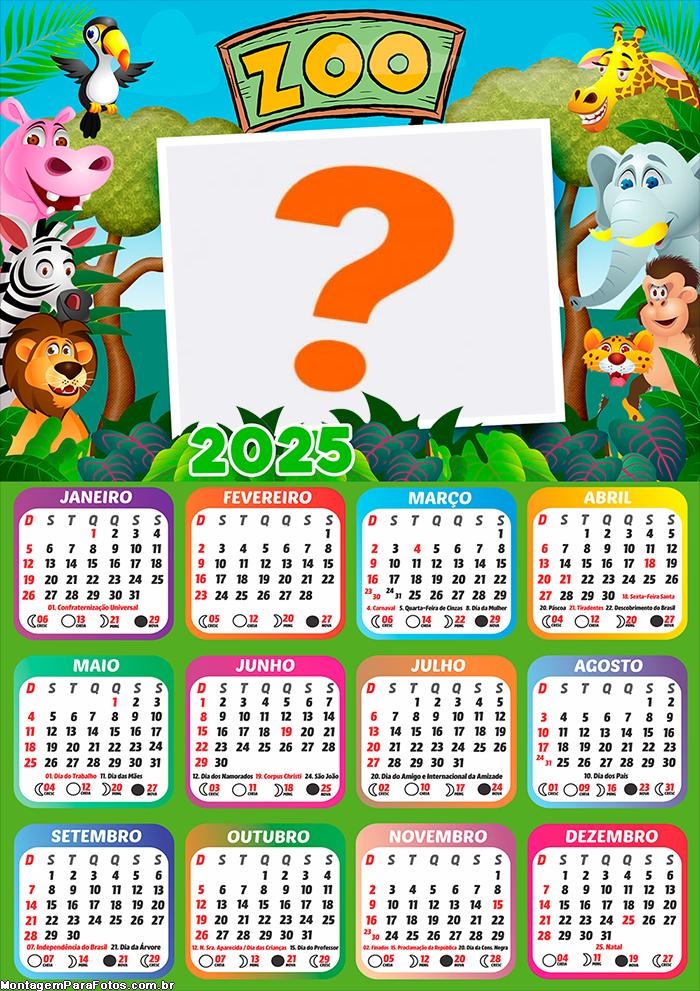 Calendário 2025 Zoológico Tema Infantil Montagem Online