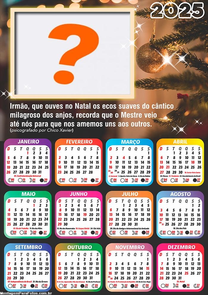 Calendário 2025 Feliz Natal Mensagem Espírita Montagem Online