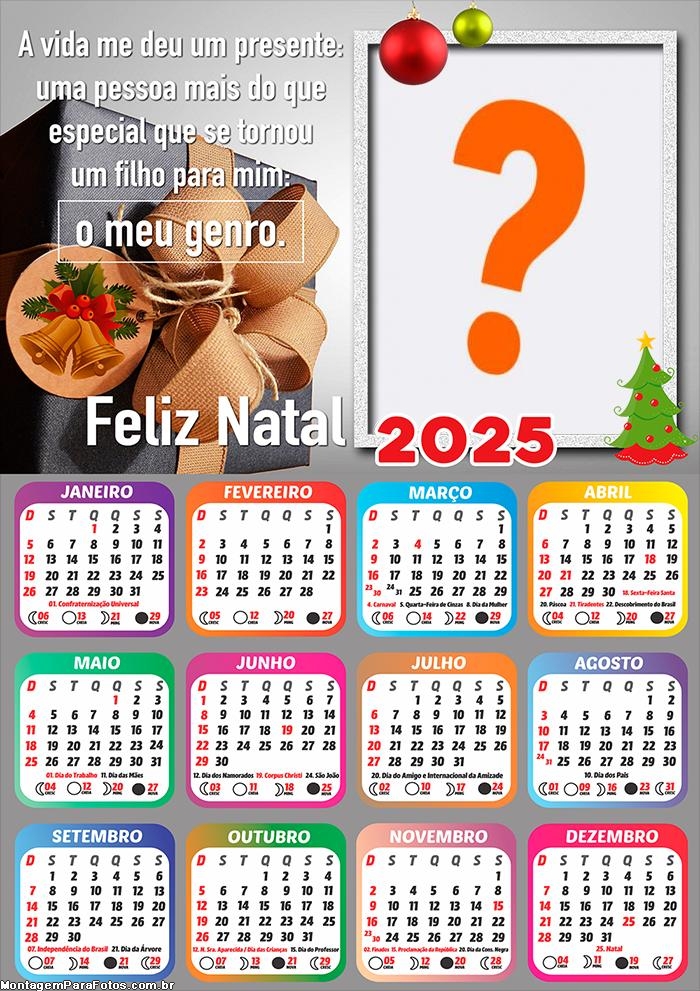 Calendário 2025 Feliz Natal Genro Montagem de Foto