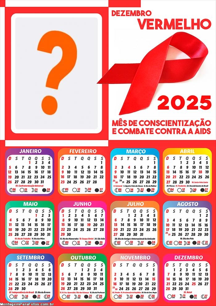 Calendário 2025 Dezembro Vermelho Montagem Grátis