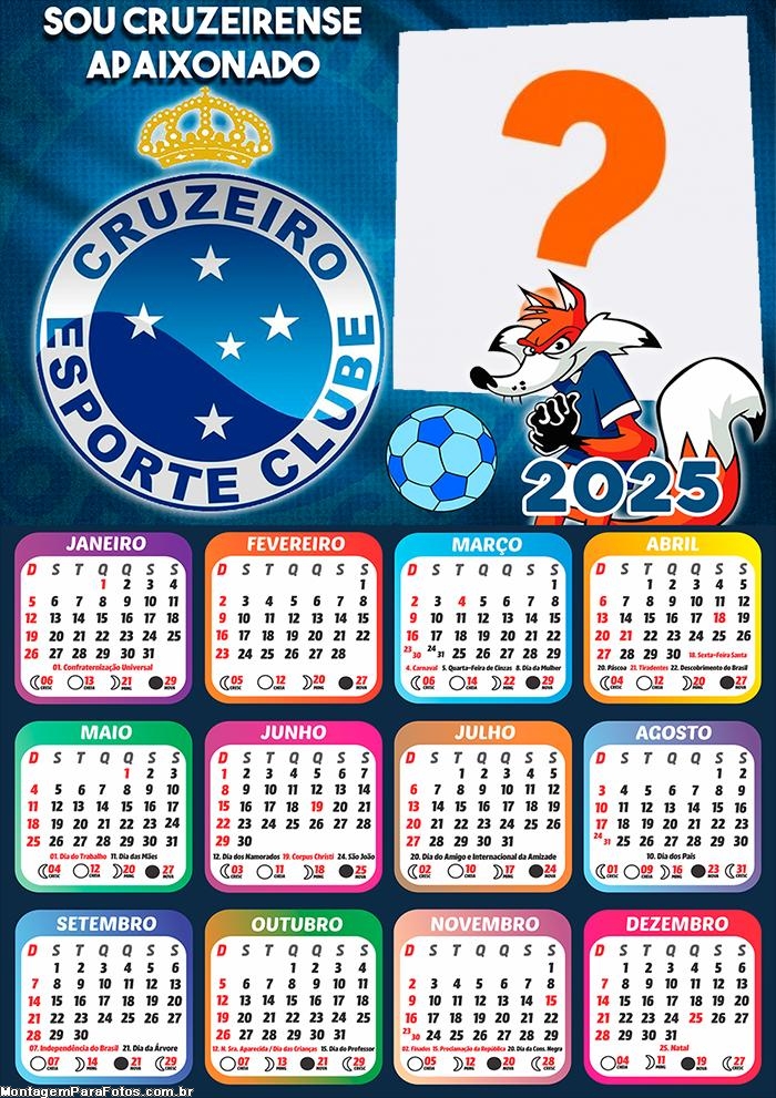 Calendário 2025 Cruzeiro Time de Futebol Montagem Grátis Online