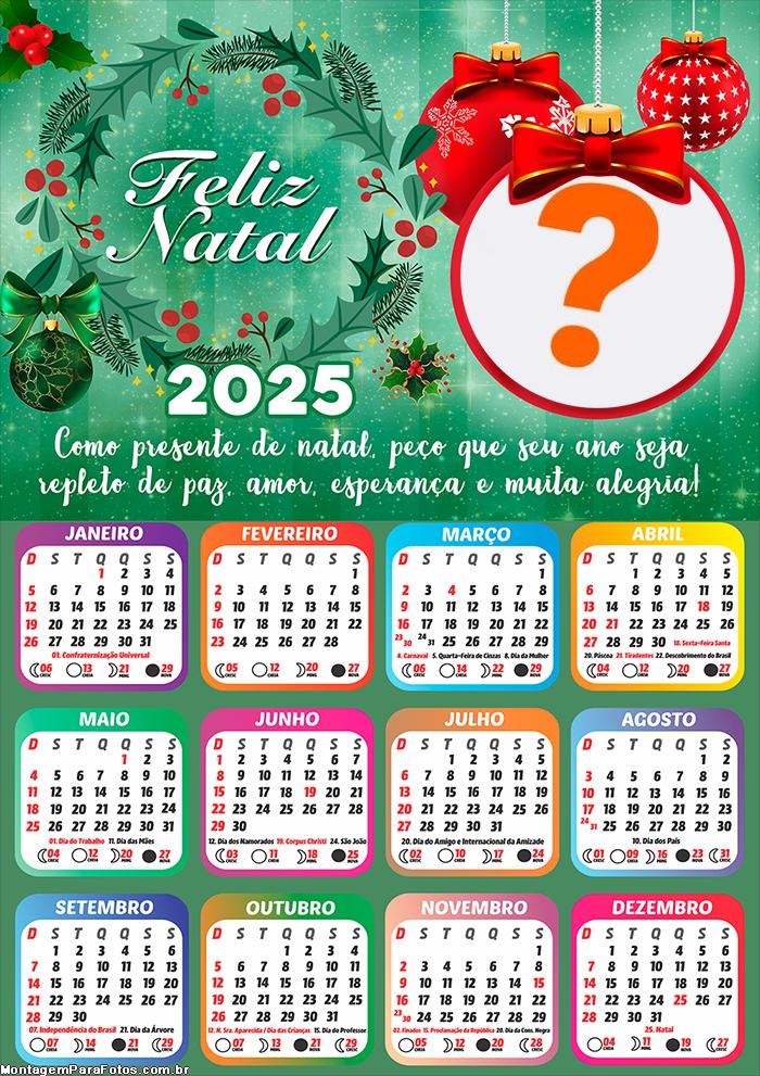 Calendário 2025 Frase de Feliz Natal Colagem de Foto Colagem de Foto