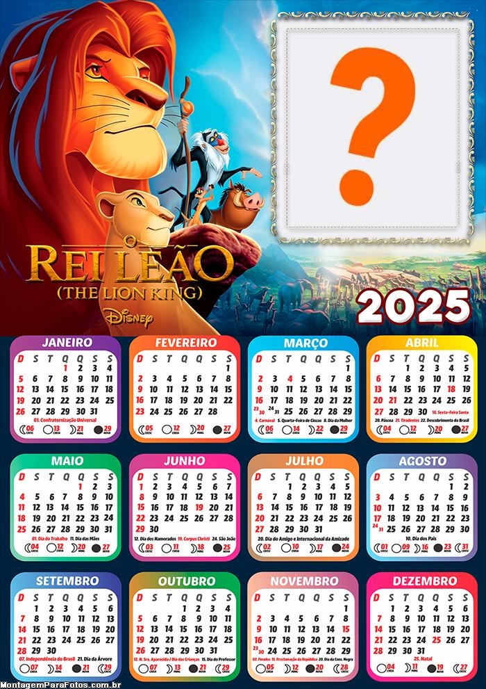 Calendário 2025 Rei Leão Colagem Infantil Grátis