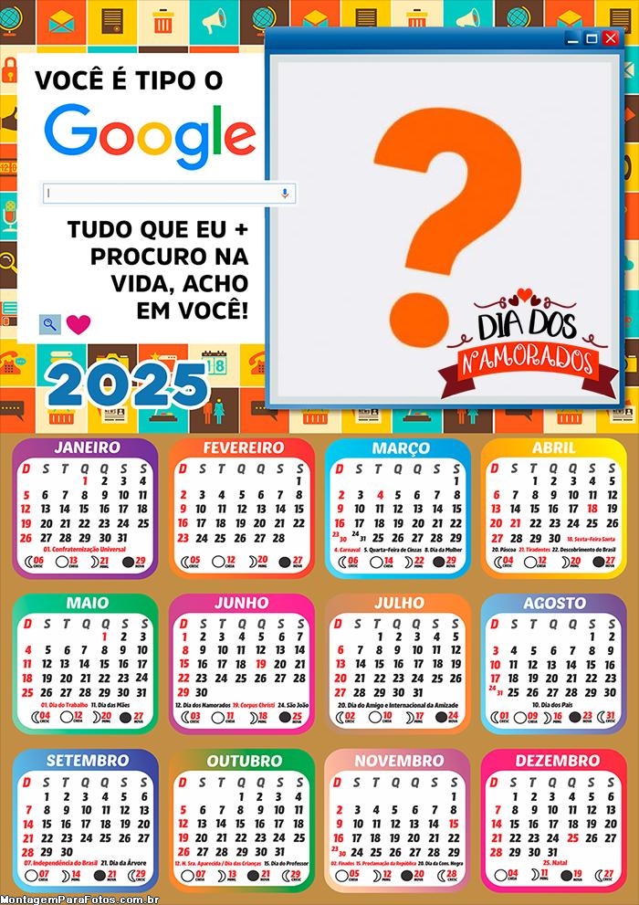 Calendário 2025 Dia dos Namorados Tipo Google Online