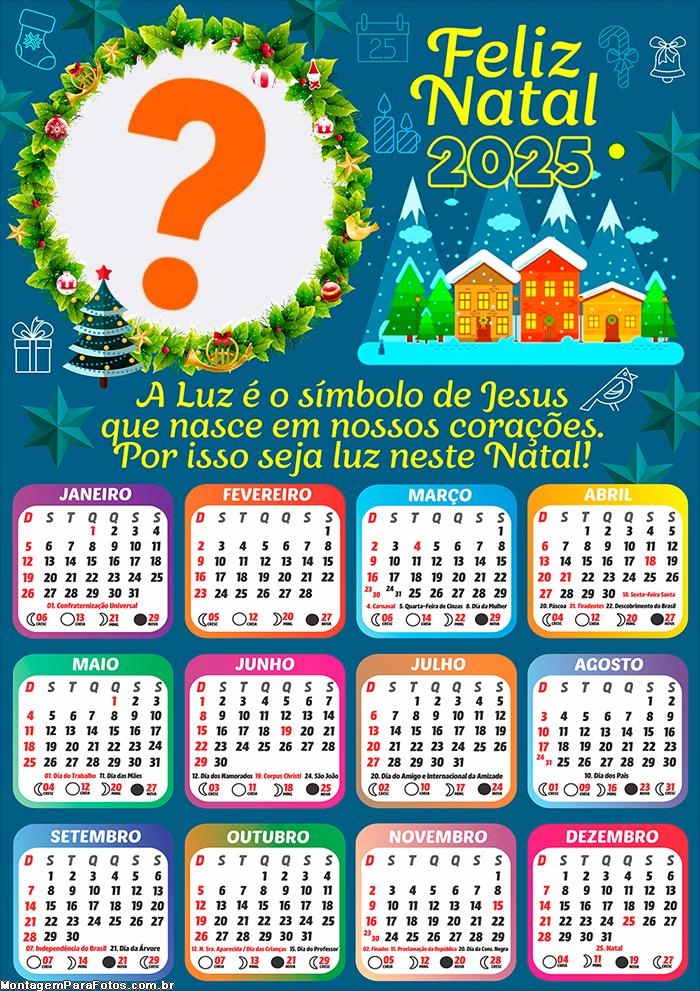 Calendário 2025 Feliz Natal Símbolo de Jesus que nasce Foto Online