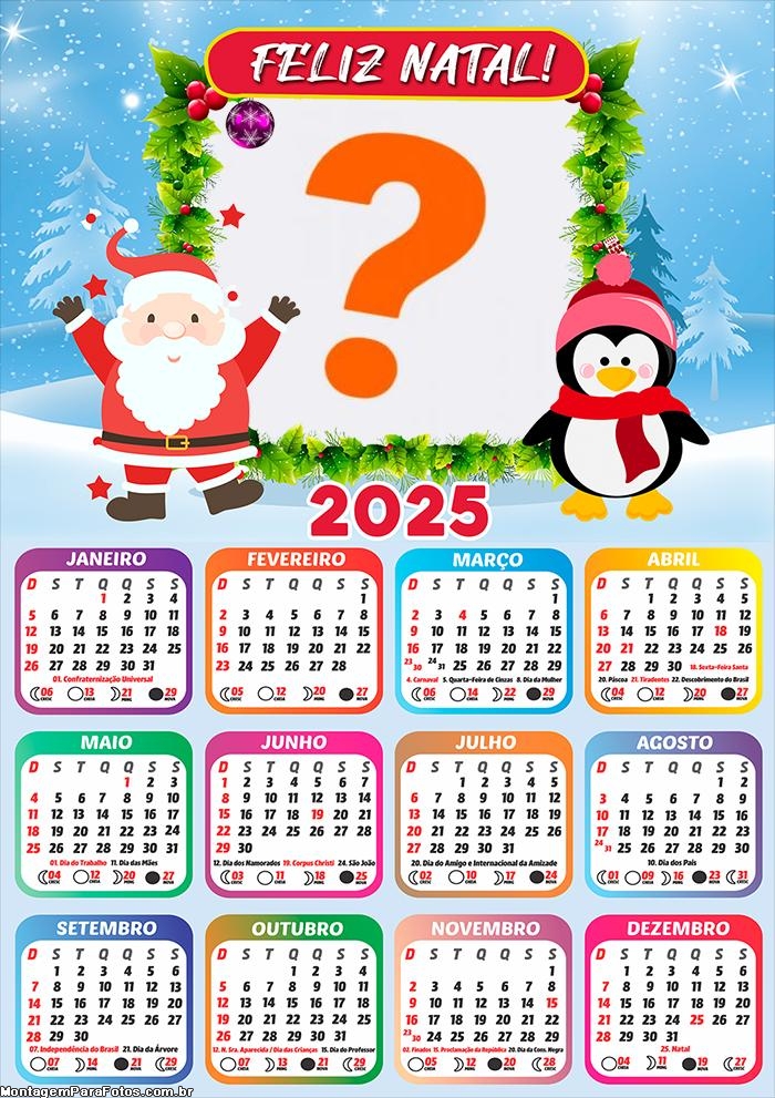 Calendário 2025 Pinguim e Papai Noel Feliz Natal Montagem Grátis Online