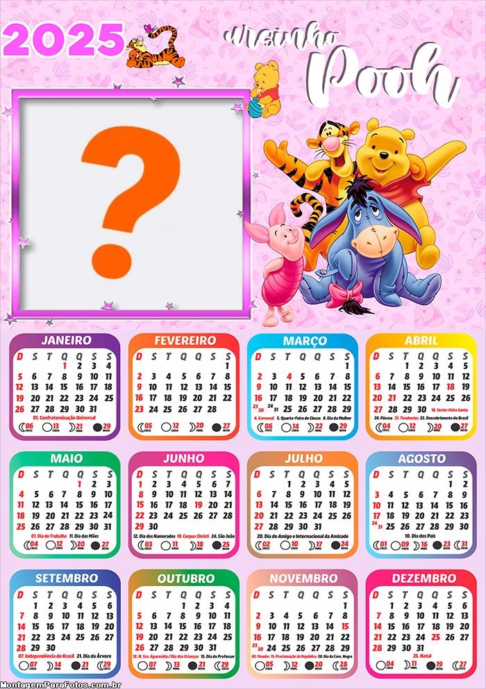 Calendário 2025 Ursinho Pooh para Meninas Foto Montagem Grátis