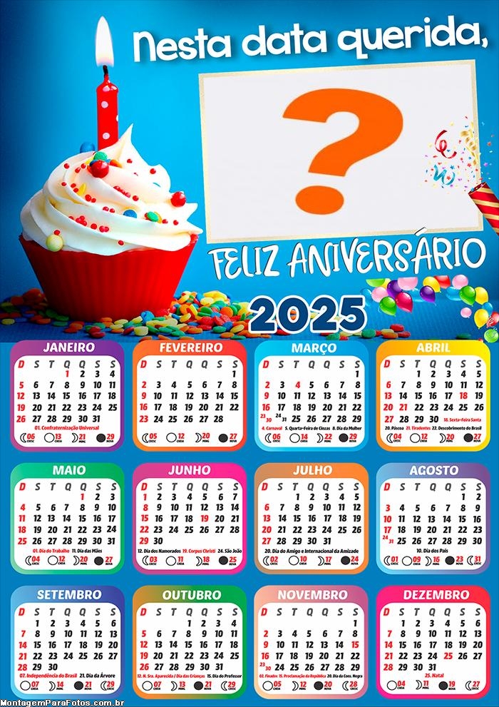 Calendário 2025 Feliz Aniversário Colagem de Foto