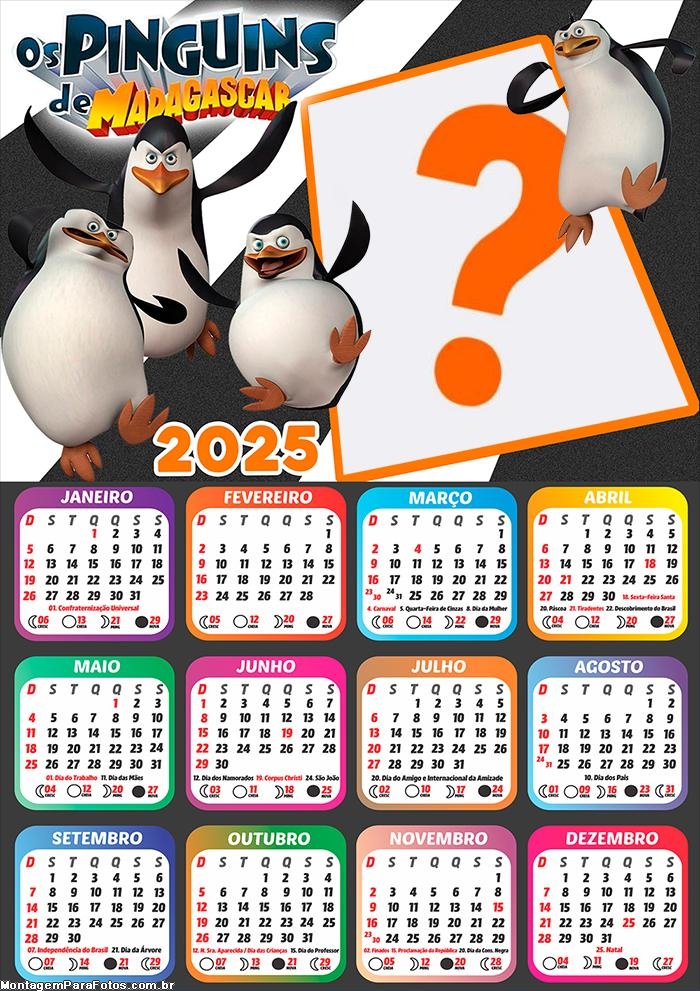 Calendário 2025 Os Pinguins de Madagascar Montagem Grátis Online