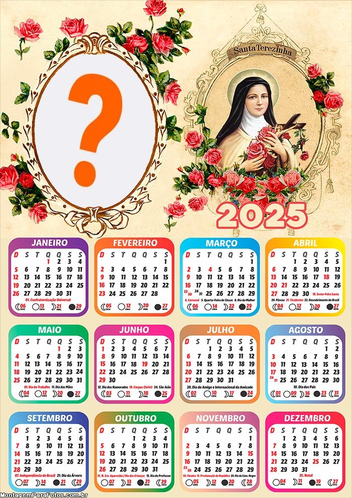 Calendário 2025 Santa Terezinha Foto Moldura