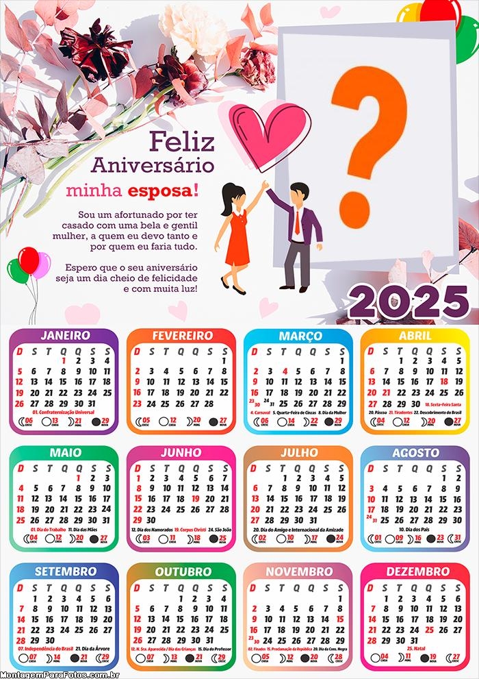 Calendário 2025 Feliz Aniversário Esposa Montagem Online