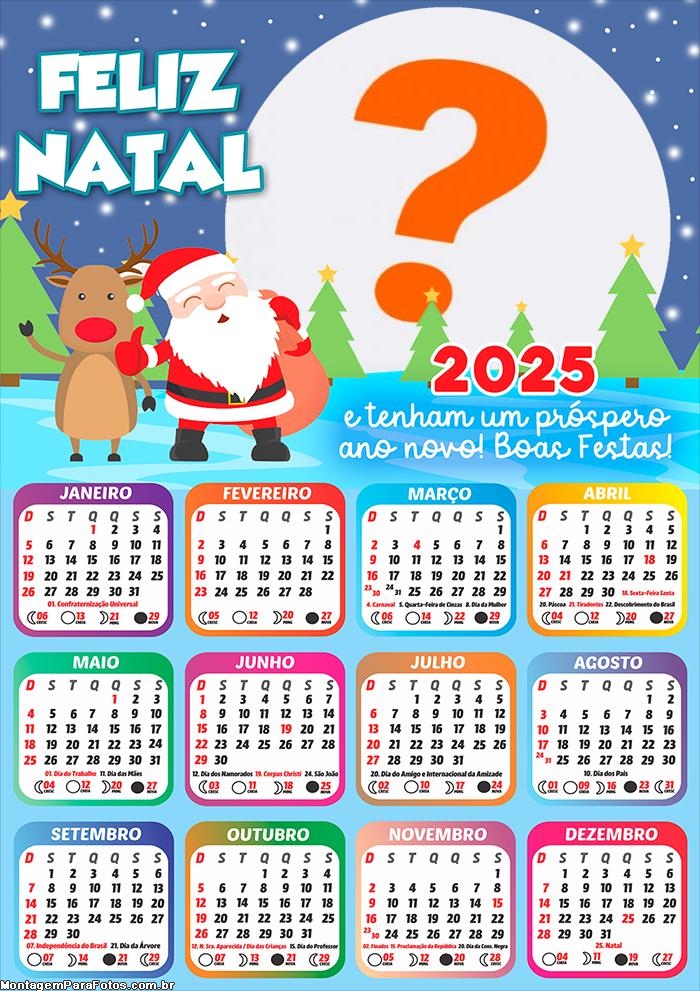 Calendário 2025 Tenha um Feliz Natal Papai Noel Moldura Online