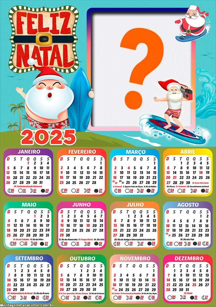 Calendário 2025 Papai Noel Surfista Montagem Grátis Online