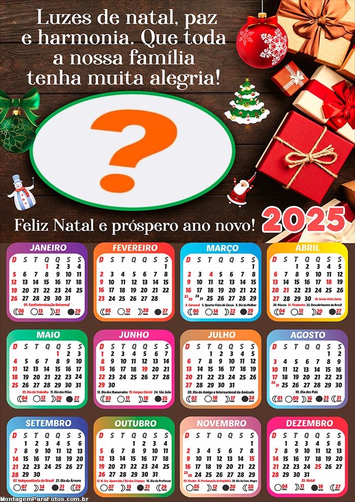 Calendário 2025 Luzes de Natal Paz e Harmonia Moldura Online