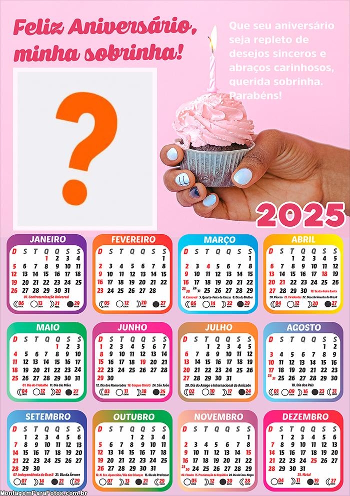 Calendário 2025 Feliz Aniversário Sobrinha Colagem de Foto