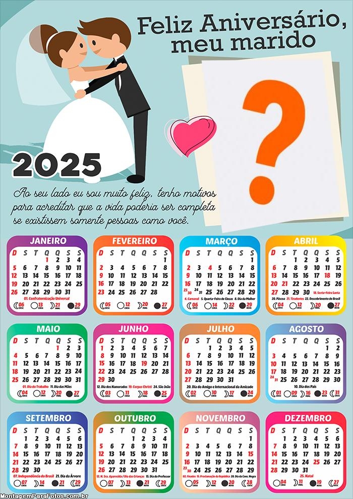 Calendário 2025 Feliz Aniversário Marido Esposo Colagem de Foto