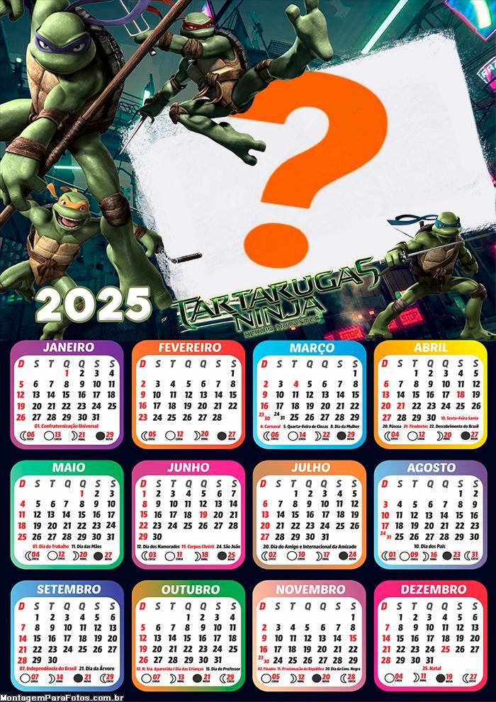 Calendário 2025 Tartarugas Ninjas Moldura Online