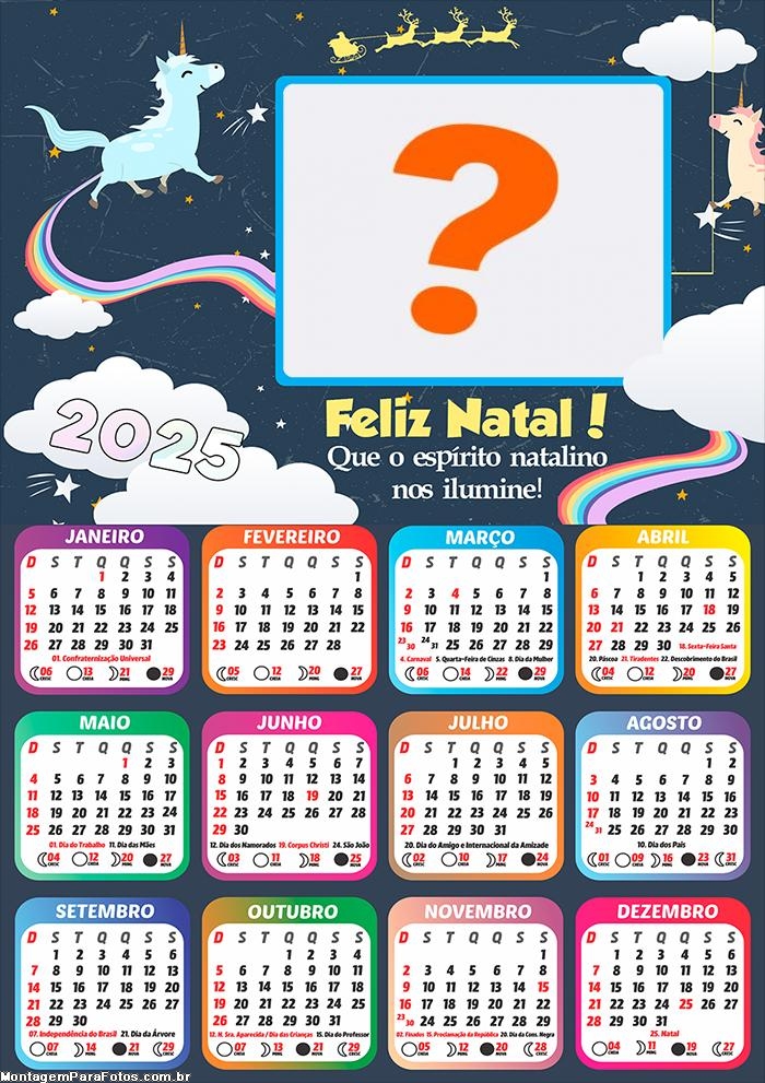 Calendário 2025 Unicórnico Feliz Natal Foto Montagem Grátis