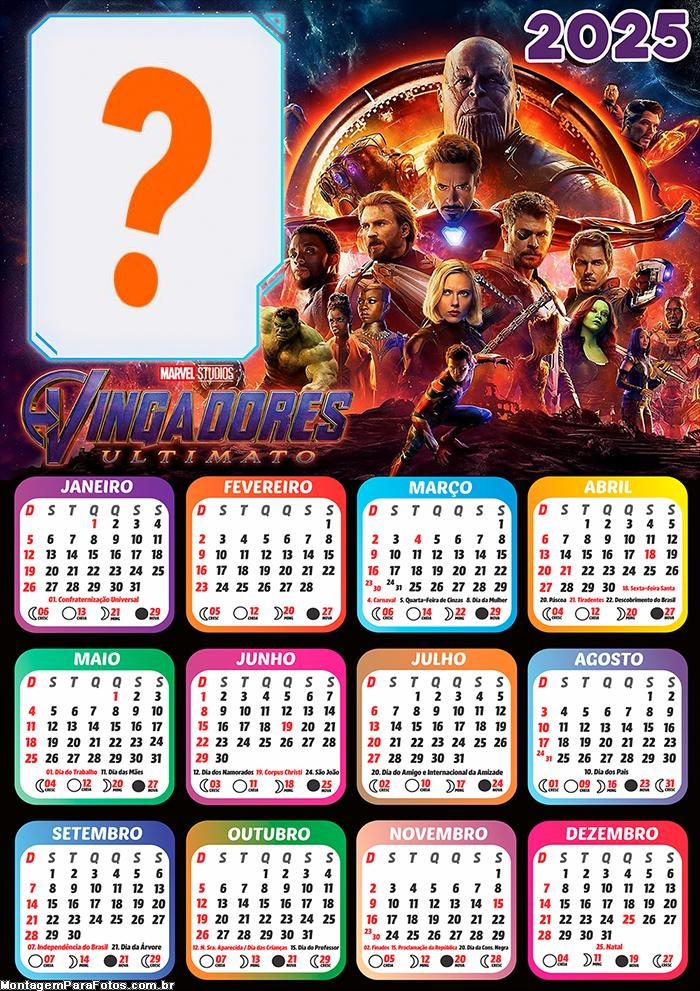 Calendário 2025 Vingadores Ultimato Montagem Grátis Online