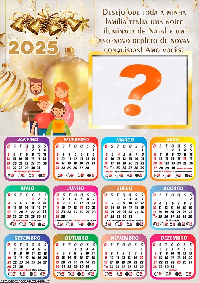 Calendário 2025 Natal e Ano Novo Mensagem Família Montagem de Foto