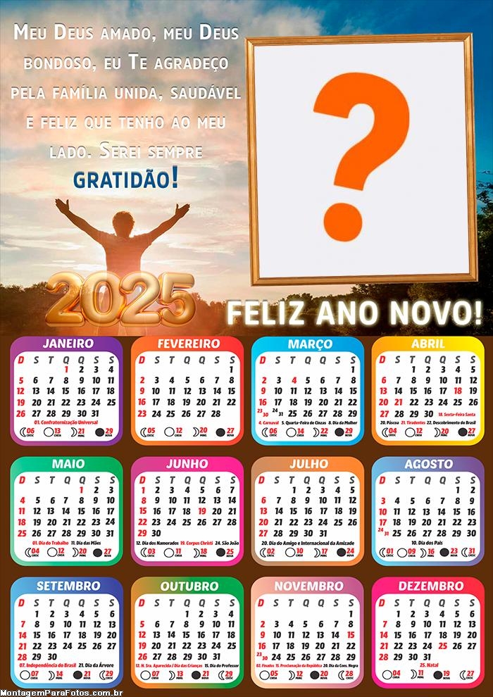 Calendário 2025 Feliz Ano Novo Gratidão Mensagem