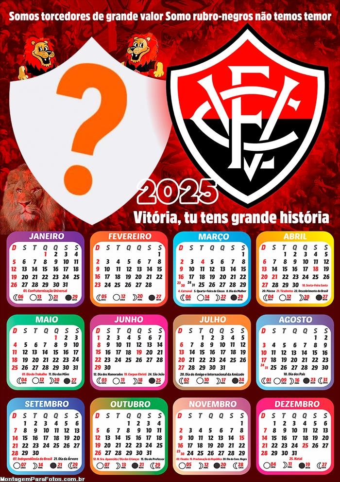 Calendário 2025 Vitória Time de Futebol Montagem Grátis Online