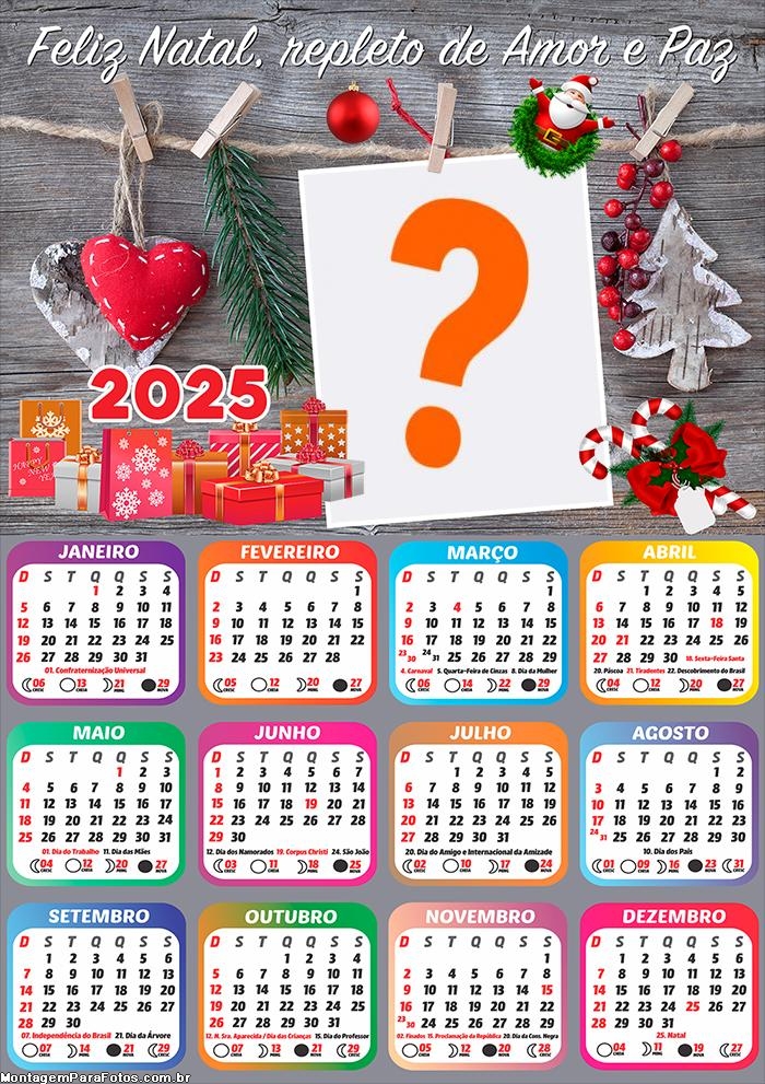 Calendário 2025 Feliz Natal Repleto de Amor e Paz Foto Montagem Online