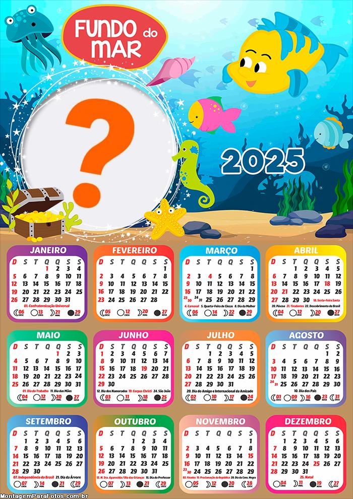 Calendário 2025 Fundo do Mar Tema Colagem de Foto