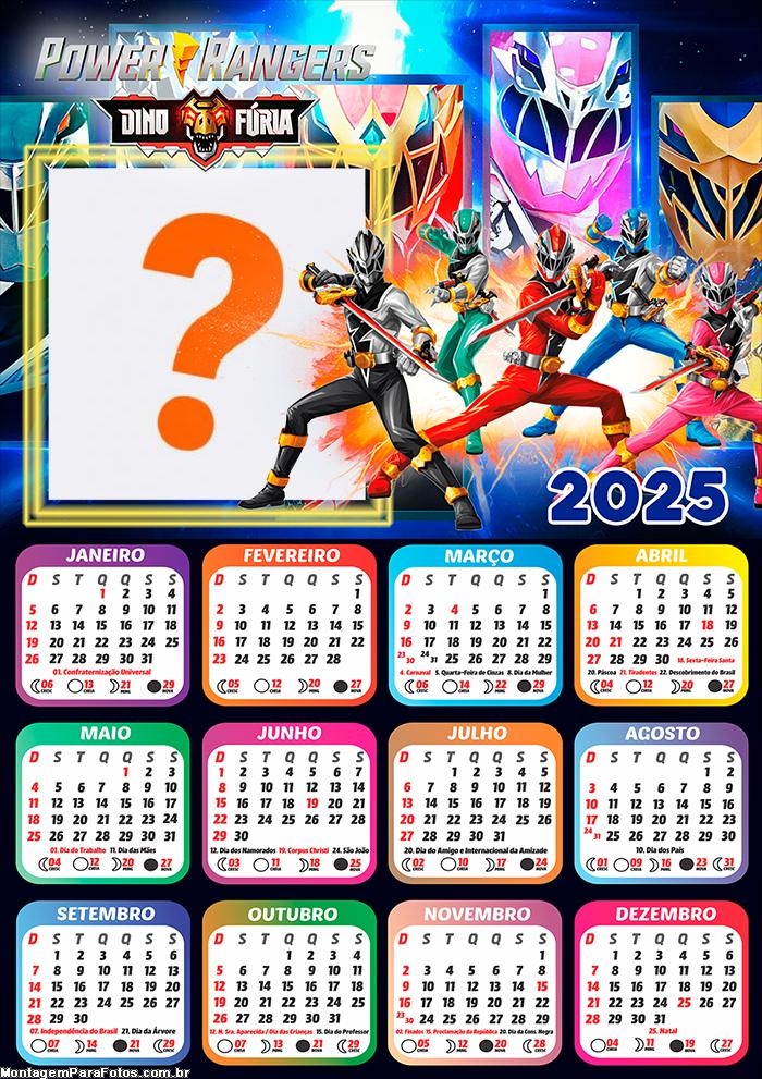 Calendário 2025 Power Rangers Dino Fúria Colagem de Foto