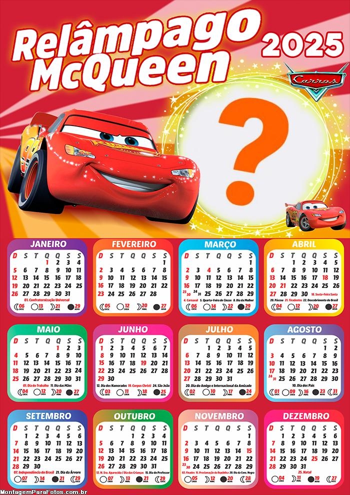 Montagem de Foto Calendário 2025 Relâmpago McQueen Disney Grátis