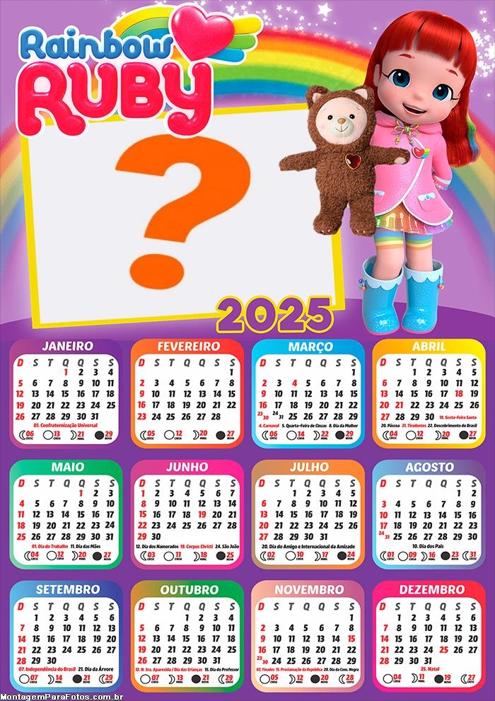 Calendário 2025 Rainbow Ruby Colagem Online Grátis