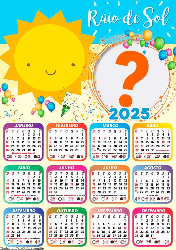 Calendário 2025 Raio de Sol Colagem Online Grátis