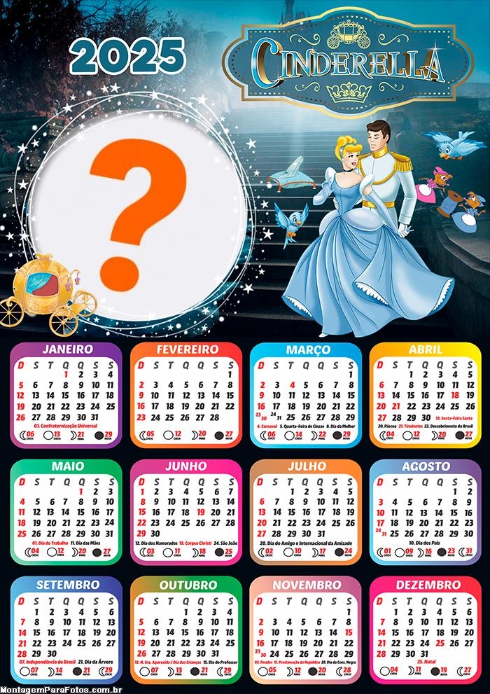 Calendário 2025 Cinderella Moldura Online