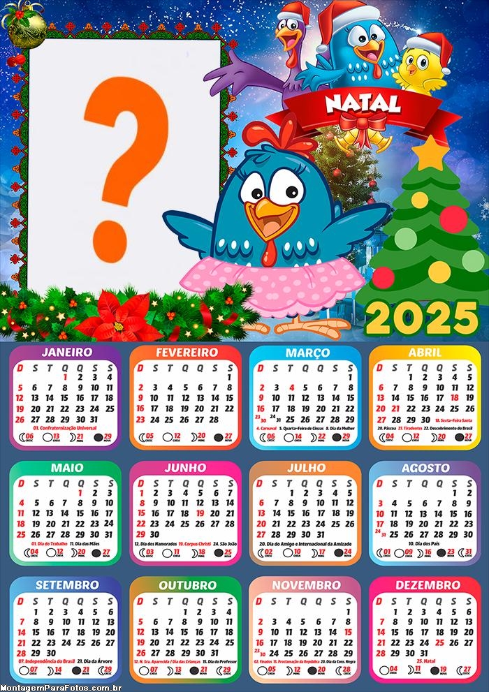 Calendário 2025 Feliz Natal Galinha Pintadinha Saia Rosa Montagem de Foto