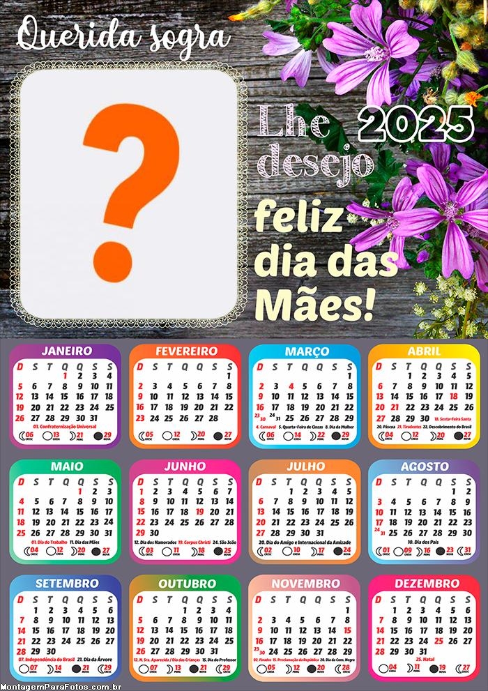 Calendário 2025 Sogra Feliz Dia das Mães Foto Montagem Grátis