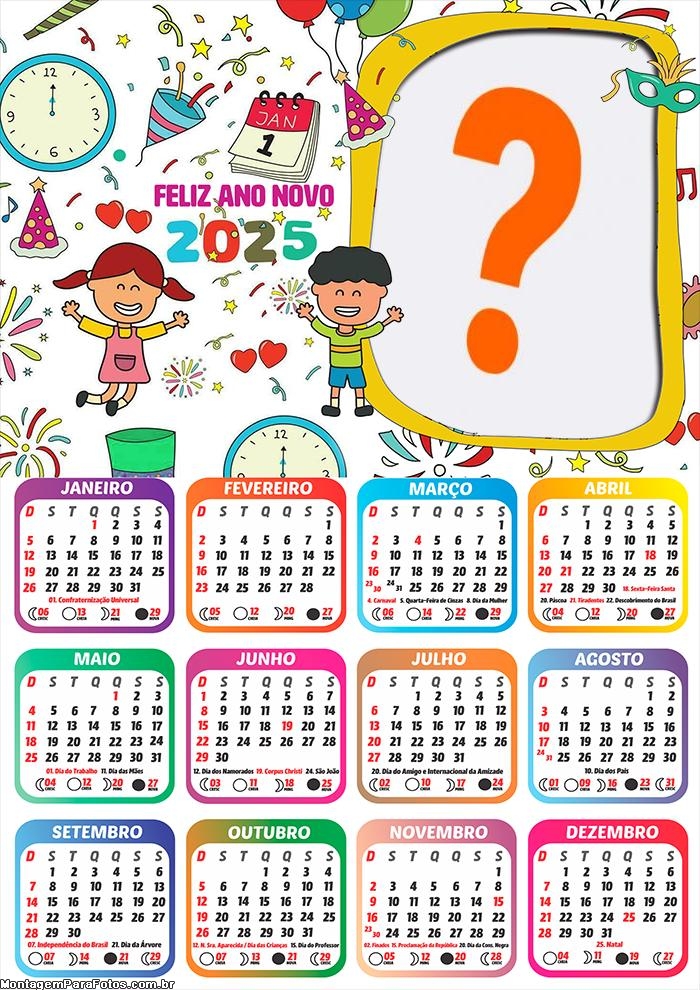 Calendário 2025 Feliz Ano Novo Colagem de Foto Infantil