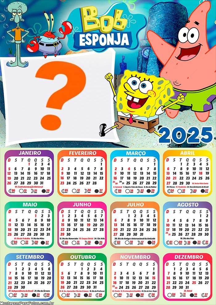 Calendário 2025 Bob Esponja Foto Montagem Grátis