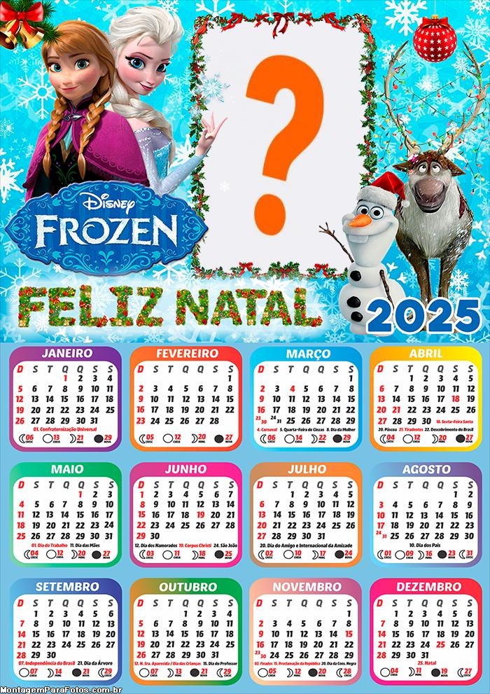 Calendário 2025 Feliz Natal Frozen Montagem de Foto