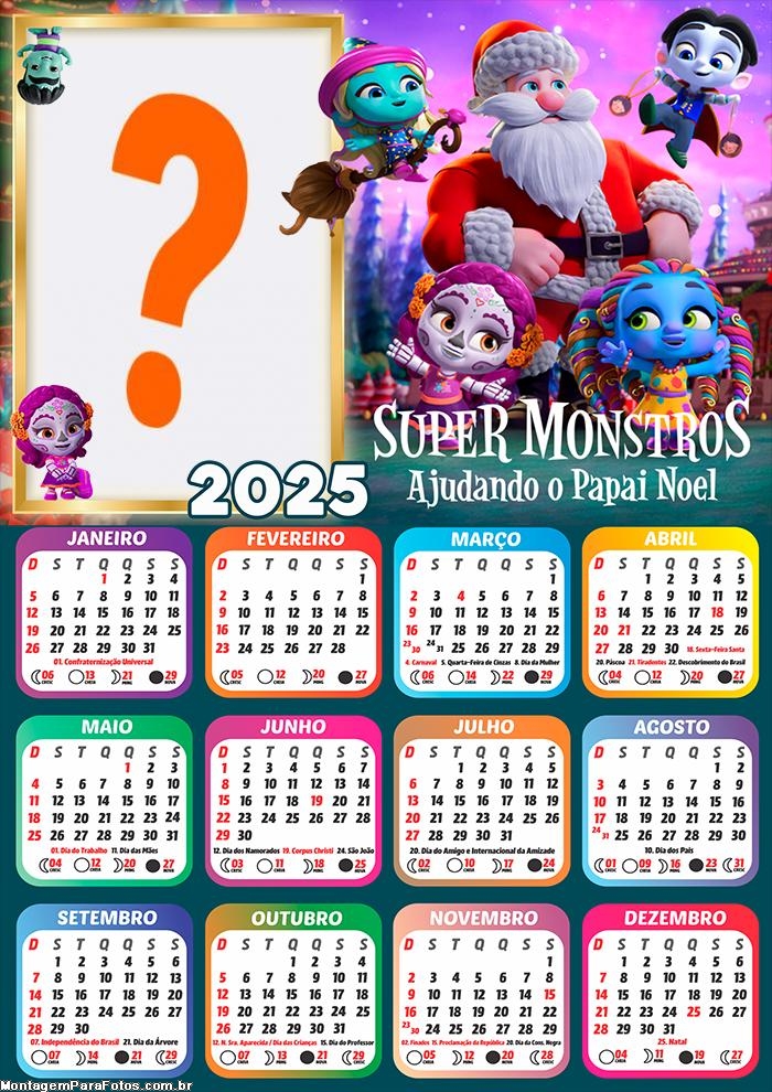 Moldura Calendário 2025 Super Monstro Ajudando o Papai Noel