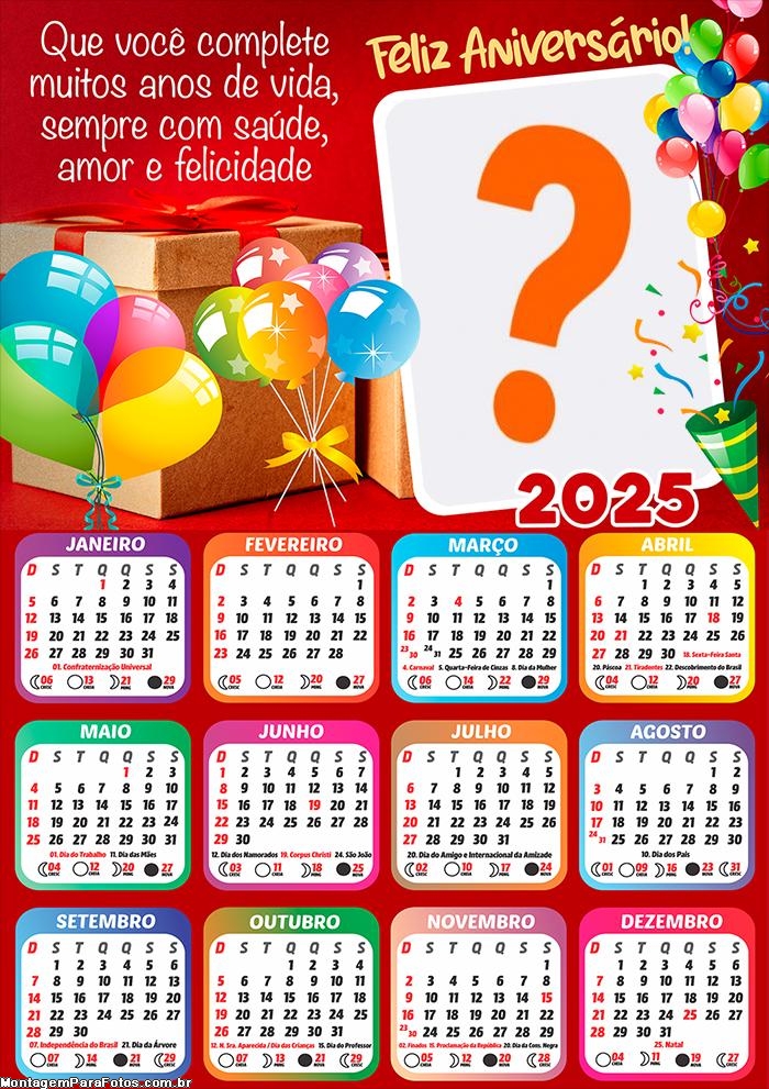 Calendário 2025 Frase de Feliz Aniversário Colagem de Foto