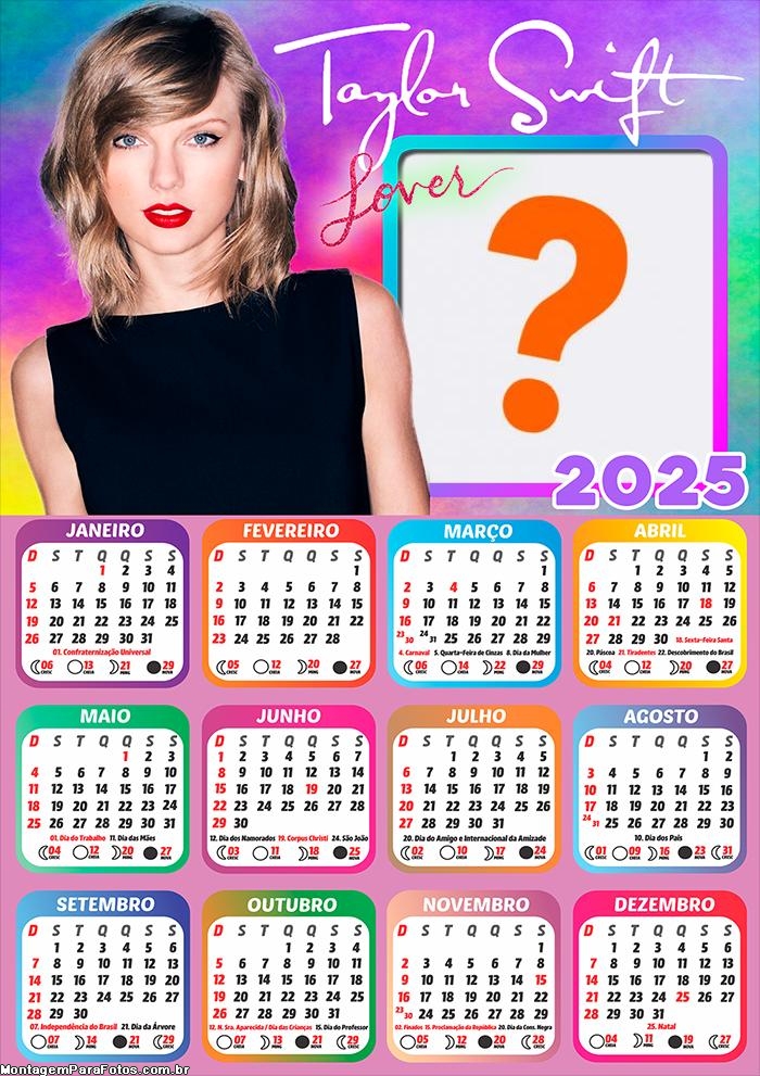 Calendário 2025 Taylor Swift Moldura Online