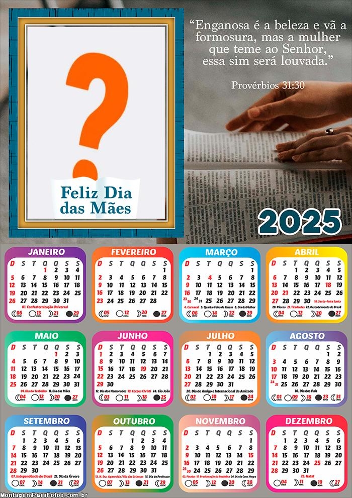 Calendário 2025 Provérbios 31 30 Dia das Mães Colagem de Foto